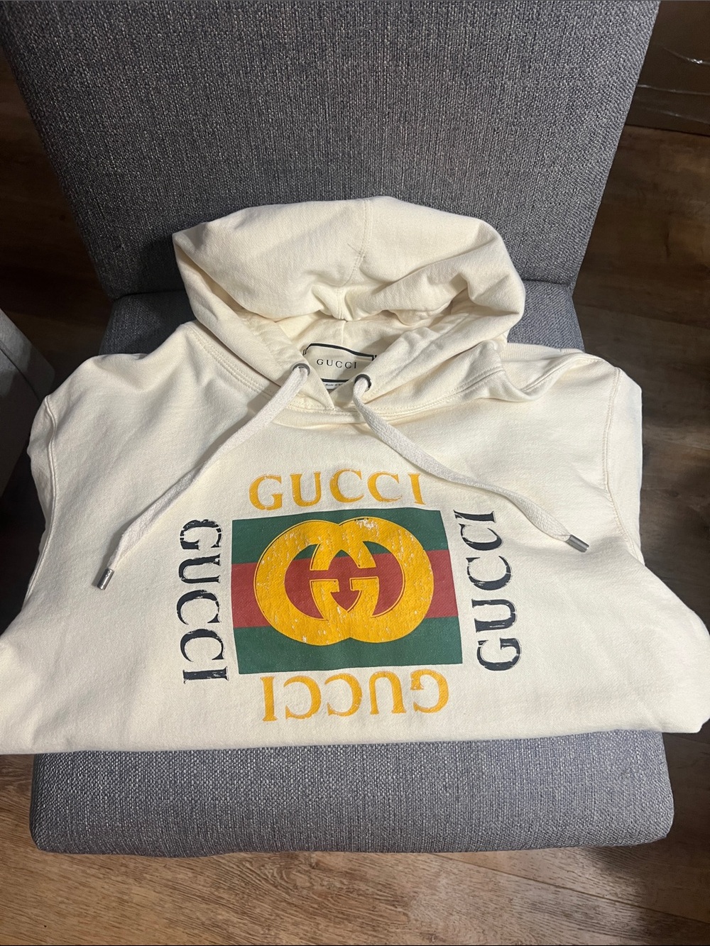Gucci Cream Hoodie with Multicolor Signature Logo Size M
